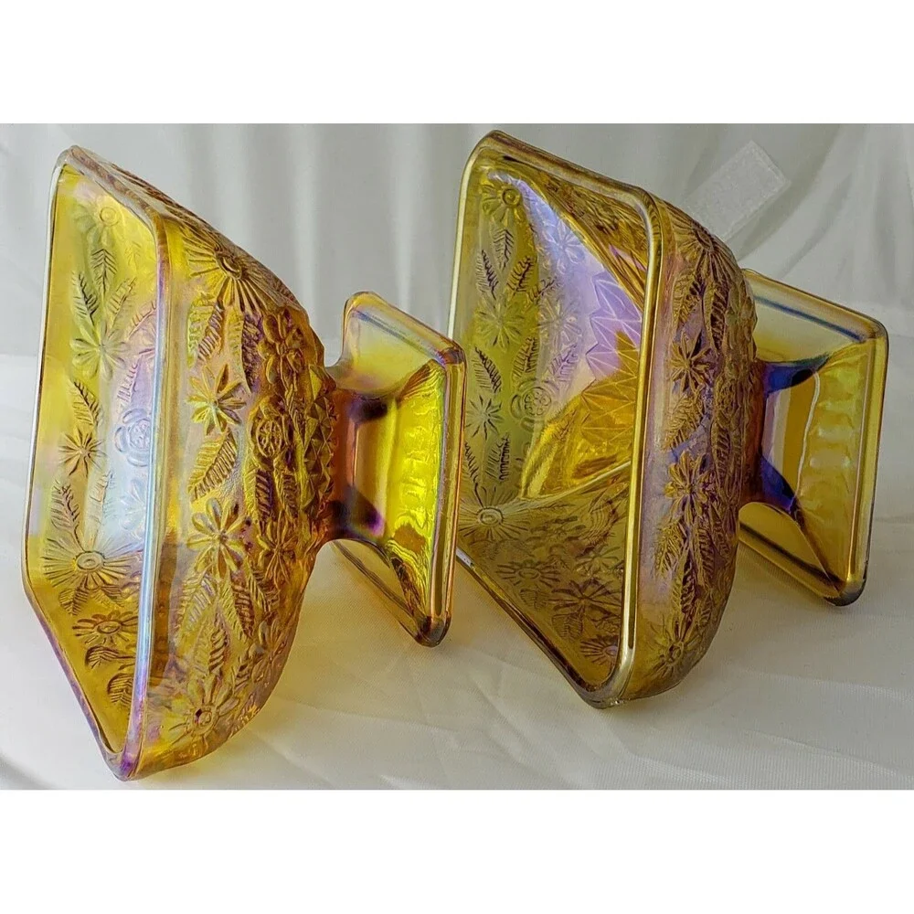 Vintage ~ Iridescent Amber Indiana Carnival Glass ~ Diamond Shaped Pedestal Dish
